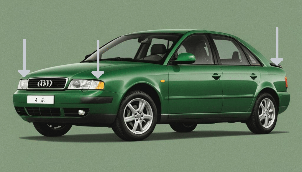 Audi A4 B5 verde estacionado. Carrocería de 4 puertas, líneas fluidas, llantas aleación. Flechas indican puntos para prueba de rebote.

Modelo: Audi A4 B5 (1994-2001)