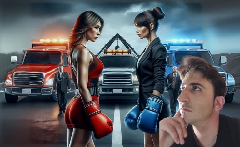 La imagen muestra a dos mujeres, ambas con guantes de boxeo. La mujer de la izquierda representa a Mapfre y la de la derecha a Génesis. En el fondo, se pueden observar vehículos de emergencia con las luces encendidas, lo que añade un tono dramático a la escena. A la derecha, hay un hombre que observa la escena de manera pensativa.