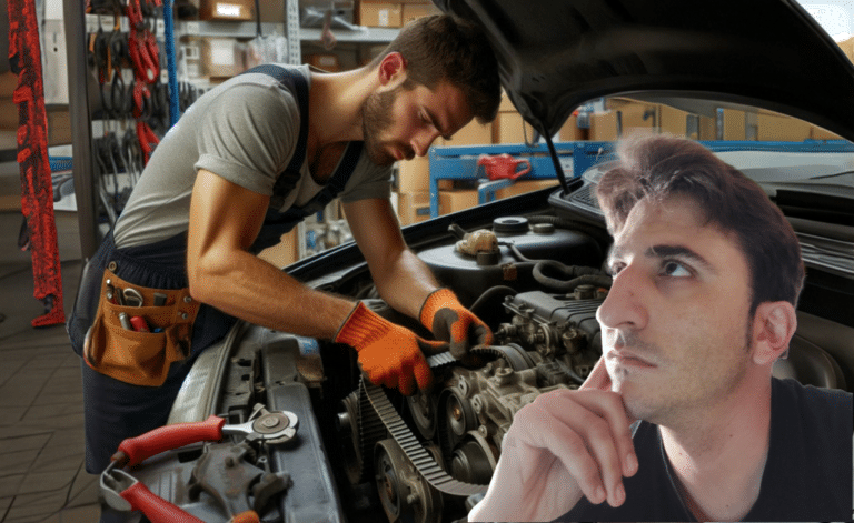 Una persona con una camiseta gris y guantes naranjas está trabajando en el motor de un automóvil, que tiene el capó abierto. La persona está inclinada sobre el compartimento del motor, ajustando o examinando algo dentro de él. En primer plano, hay otra persona mirando hacia la cámara. Ambas personas están en un taller mecánico con varias herramientas colgadas en la pared al fondo.