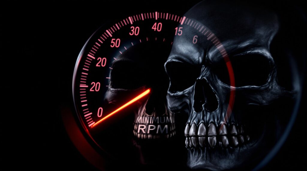 ¿Es bueno conducir a bajas revoluciones? La imagen muestra una escena oscura y inquietante con un cráneo y un tacómetro. El tacómetro, que mide las RPM (revoluciones por minuto), tiene una aguja roja que apunta a un valor bajo, y la palabra "MINIMUM RPM" es visible en el área de la boca del cráneo. La yuxtaposición del cráneo y el tacómetro crea una visual impactante y algo ominosa, posiblemente simbolizando la relación entre la velocidad, la maquinaria y la mortalidad. El fondo oscuro y la aguja roja brillante añaden un efecto dramático a la imagen.