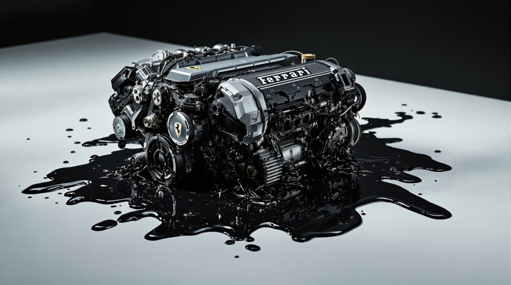 La imagen muestra un motor Ferrari roto colocado sobre una superficie con un líquido negro, probablemente aceite, extendiéndose a su alrededor. El motor está detallado y presenta de manera prominente el logotipo y el nombre de Ferrari. El contraste entre el motor elegante y de alto rendimiento y el aceite que se extiende crea un efecto visual impactante, destacando la ingeniería de precisión del motor y la posible desordenada operación o mantenimiento.