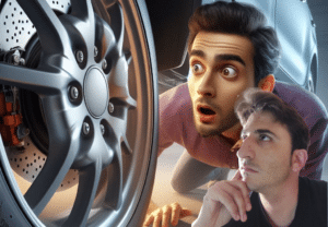 La imagen muestra una rueda de coche con componentes de freno visibles, en un taller, donde se está llevando a cabo una inspección o mantenimiento.