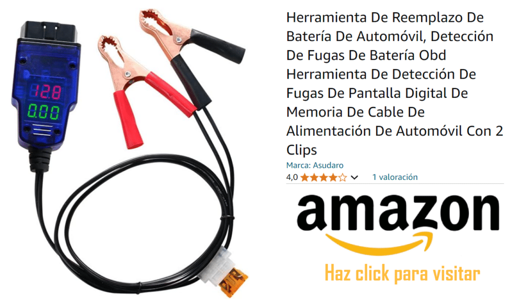 Imagen de un comprobador de batería de automóvil con pantalla digital que muestra ‘12.8’ y pinzas roja y negra. A la derecha, hay una calificación de 4 estrellas y el logo de Amazon con un botón que dice ‘Haz click para visitar’. El texto promocional arriba menciona ‘Herramienta De Remoción De Batería De Automóvil, Detección De Fugas De Batería Obd Herramientas De Detección De Fugas De Pantalla Digital Con Memoria De Cable Alimentación De Automóvil Con 2 Clips’. Marca: Asudaro, 1 valoración.