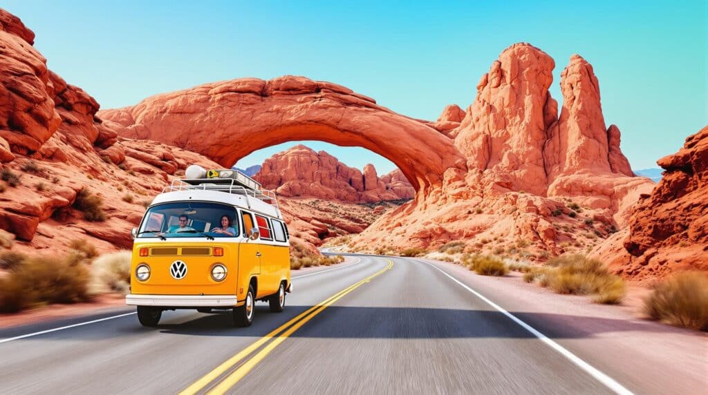La imagen muestra una Volkswagen T1 amarilla conduciendo por una carretera sinuosa en el Parque Nacional de Arches Park, ubicado en Utah, Estados Unidos. La furgoneta se dirige hacia un gran arco de arenisca natural, que es una característica destacada del parque. El paisaje se caracteriza por formaciones rocosas rojas y vegetación desértica escasa bajo un cielo azul claro. La escena es interesante y relevante porque captura la esencia de un viaje por carretera a través de un famoso y pintoresco parque nacional, destacando la belleza de las formaciones rocosas naturales y el diseño icónico de la furgoneta Volkswagen vintage.