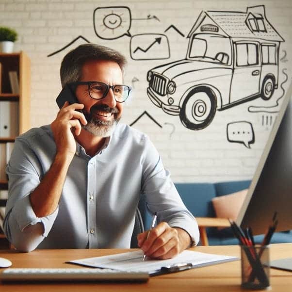 La imagen muestra a una persona sentada en un escritorio con la mano en la frente, aparentemente pensativa o concentrada. La persona está frente a un papel, posiblemente escribiendo o dibujando. En el fondo, hay una pared con dibujos que incluyen varios símbolos como flechas y nubes, y un boceto destacado de lo que parece ser una casa sobre ruedas o un vehículo con una estructura similar a una casa en la parte superior. 
