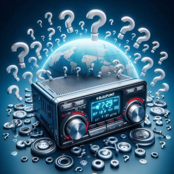 Una radio de coche rodeada de signos de interrogación y piezas rotas. Hay una bola del mundo de fondo. Representa la desconexión al perderse los datos.