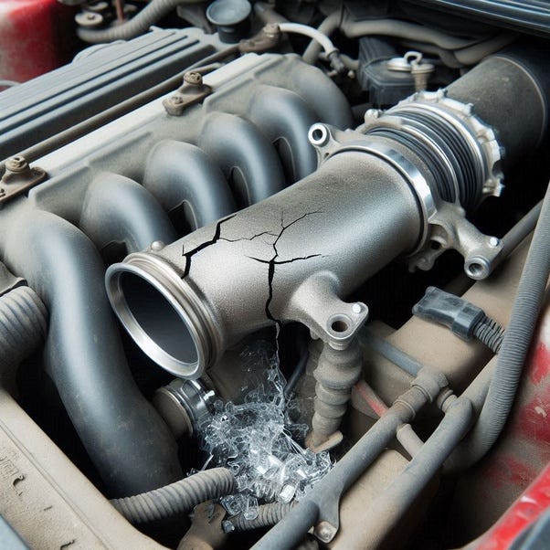 Un tubo de admisión hecho de fundición gris y agrietado, No tiene conectado el filtro de aire y parece que le cae fibra de vidrio de alguna parte. Se ven otros componentes como el colector de admisión. Predominan los colores gris y negro, con algo de marrón por el polvo y la suciedad de un motor viejo. Es una imagen generada mediante IA.