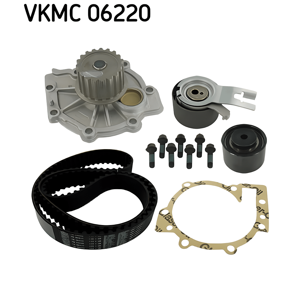La imagen muestra un kit de correa de distribución de automóvil modelo VKMC 06220. Incluye varios componentes: una bomba de agua con su engranaje, una correa dentada negra, un tensor y dos poleas guía, cuatro tornillos largos con cabeza hexagonal, dos tapones de goma y una junta metálica dorada con múltiples orificios. Estos elementos están dispuestos sobre un fondo blanco para resaltar cada pieza claramente.”