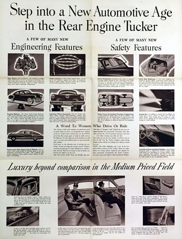 La imagen es un anuncio vintage del automóvil Tucker, que muestra varias características y elementos de diseño del coche. El anuncio incluye múltiples fotos en blanco y negro del exterior, interior y partes mecánicas del coche con leyendas que destacan sus nuevas características. El texto en la parte superior dice “Step into the New Automotive Age with a Tucker”, sugiriendo innovación y avance en el diseño de automóviles.