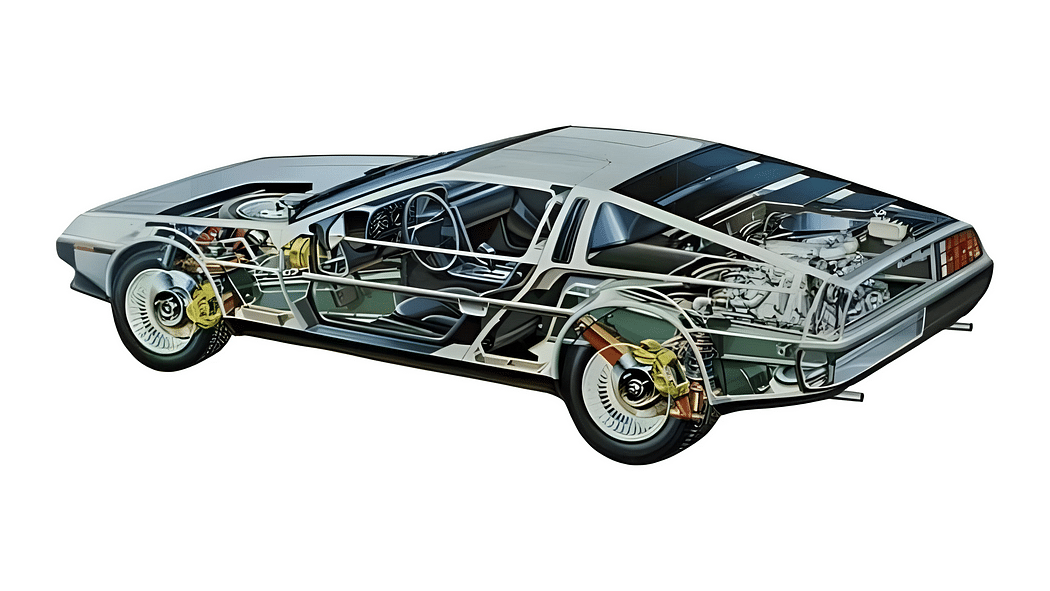 La imagen muestra una ilustración detallada de un DeLorean, permitiendo ver los componentes internos y la estructura del vehículo que normalmente están ocultos bajo la carrocería. Revela el chasis, el motor, la transmisión, el sistema de suspensión y otros mecanismos internos del coche. Este tipo de imagen es interesante para aquellos que desean entender mejor cómo está construido un DeLorean y apreciar la ingeniería detrás de este icónico automóvil.
