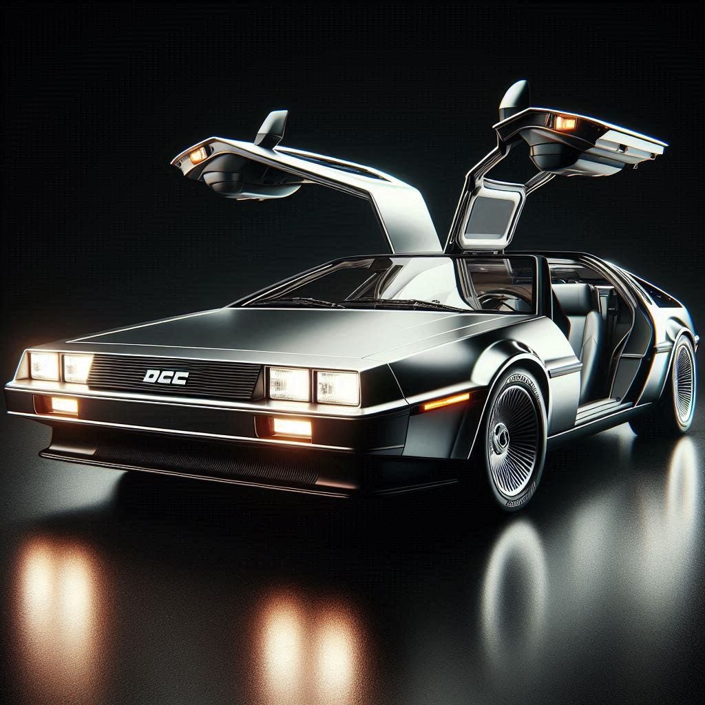La imagen muestra un DeLorean DMC-12 con las puertas de ala de gaviota abiertas. Este vehículo es conocido por su diseño distintivo y su papel como la máquina del tiempo en la serie de películas “Regreso al Futuro”. El coche se presenta contra un fondo oscuro, resaltando su acabado plateado y líneas angulares.