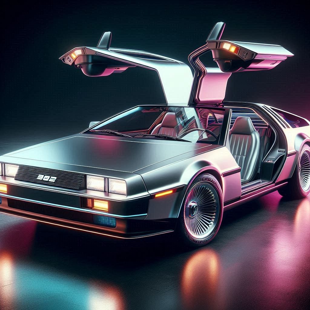 La imagen muestra un DeLorean DMC-12, un coche deportivo icónico conocido por sus puertas de ala de gaviota, su cuerpo distintivo de acero inoxidable y su motor montado en la parte trasera. El vehículo se presenta con las puertas abiertas hacia arriba y está iluminado por una luz ambiental que resalta su diseño futurista, lo que lo ha hecho famoso en la cultura popular.