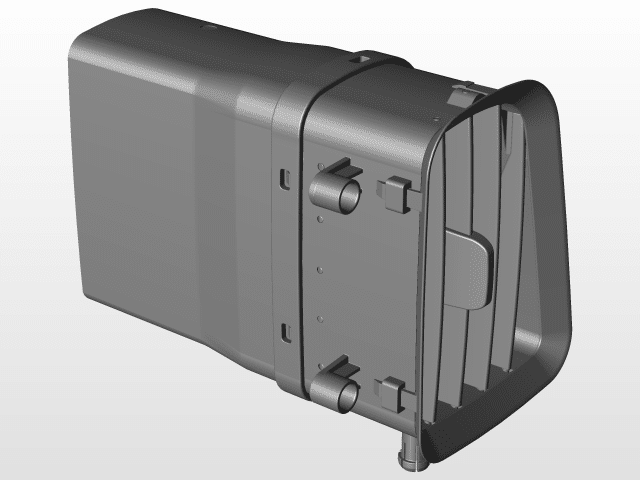 Modelo 3D de un aireador de aire acondicionado. Es de color gris y presenta varias protuberancias, agujeros y hendiduras que sugieren su uso para distribuir el aire acondicionado. El diseño complejo con sus recortes y ajustes precisos puede indicar su relevancia en los campos de la ingeniería, fabricación o diseño. piezas de coche impresora 3d