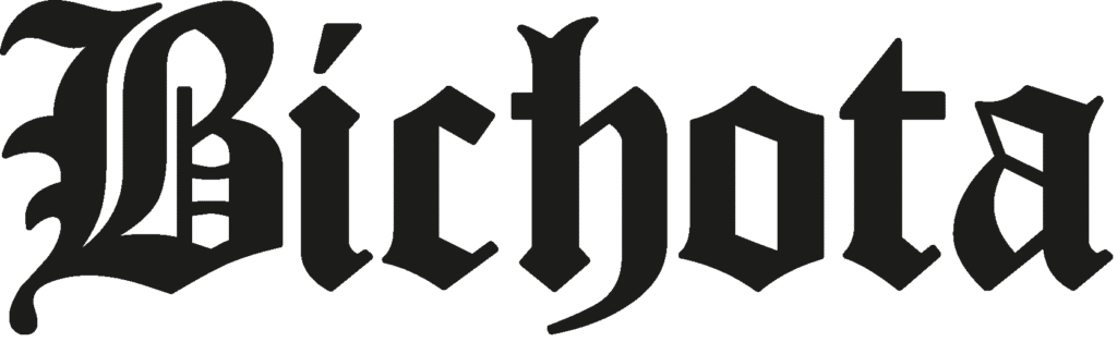 La palabra ‘Bichota’ en una fuente estilizada negra con influencias góticas o de letra antigua. La primera letra ‘B’ es notablemente más grande y más ornamentada que las otras letras, con líneas intrincadas y adornos. Este logo está asociado con Karol G, una cantante de reguetón colombiana, y es parte de su marca y promoción de su canción ‘Bichota’.