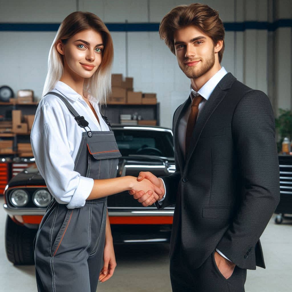 Imagen de dos personas estrechando las manos en un entorno de taller mecánico. A la izquierda, una persona con mono de mecánico y cabello rubio claro, y a la derecha, una persona con traje oscuro. En el fondo se observa un automóvil clásico y estanterías con cajas. Describe una consultoría de automoción.