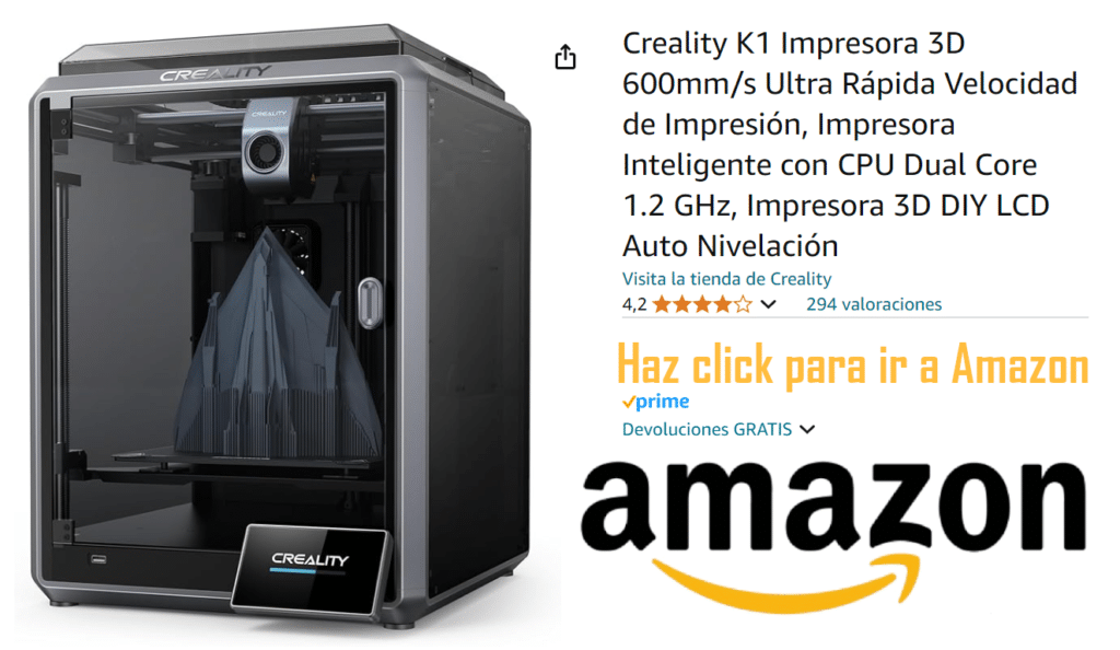 Impresora 3D Creality K1 de 600mm/s, ultra rápida velocidad de impresión, con CPU dual core inteligente, impresora 3D DIY LCD auto nivelación - Haz click para ir a Amazon.