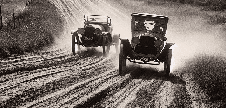 La imagen muestra una carrera de Moonshine Runners con dos vehículos vintage en movimiento sobre un camino de tierra. El vehículo delantero, a la derecha, levanta una nube de polvo mientras avanza. Ambos coches tienen matrículas visibles y el segundo parece estar intentando adelantar al primero. La escena captura la acción y la intensidad típica de las carreras clandestinas durante la época de la prohibición en Estados Unidos, donde los corredores de moonshine modificaban sus automóviles para transportar alcohol ilegalmente, a menudo siendo perseguidos por las autoridades.