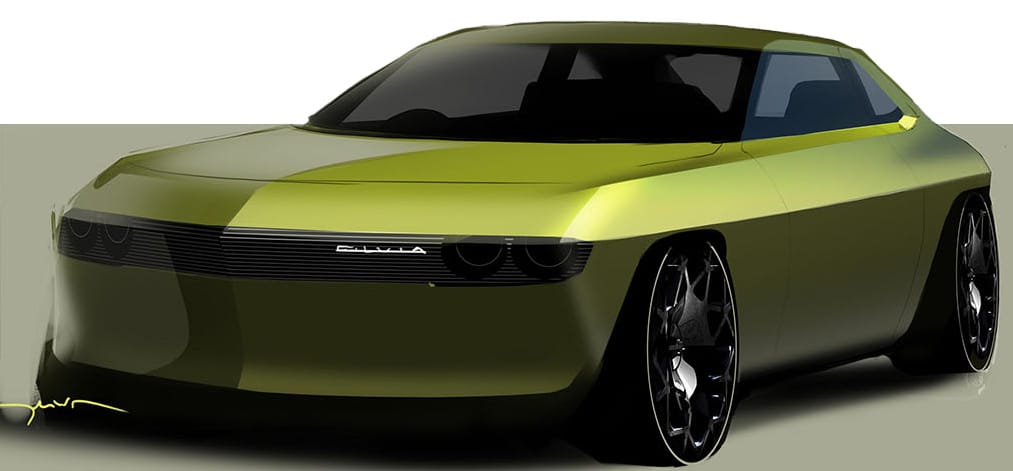 Concepto de diseño del Nissan Silvia, con una apariencia moderna y elegante, perfil bajo y carrocería alargada. Presenta una pintura en dos tonos: verde oliva en la parte superior y un tono más oscuro en la parte inferior, separados por una línea horizontal nítida que recorre todo el coche. El frontal se caracteriza por faros horizontales delgados y una parrilla integrada. Las grandes ruedas negras con llantas detalladas añaden un toque deportivo al diseño. En la esquina inferior izquierda hay un texto que parece ser una firma o marca del diseñador, aunque no es legible.
