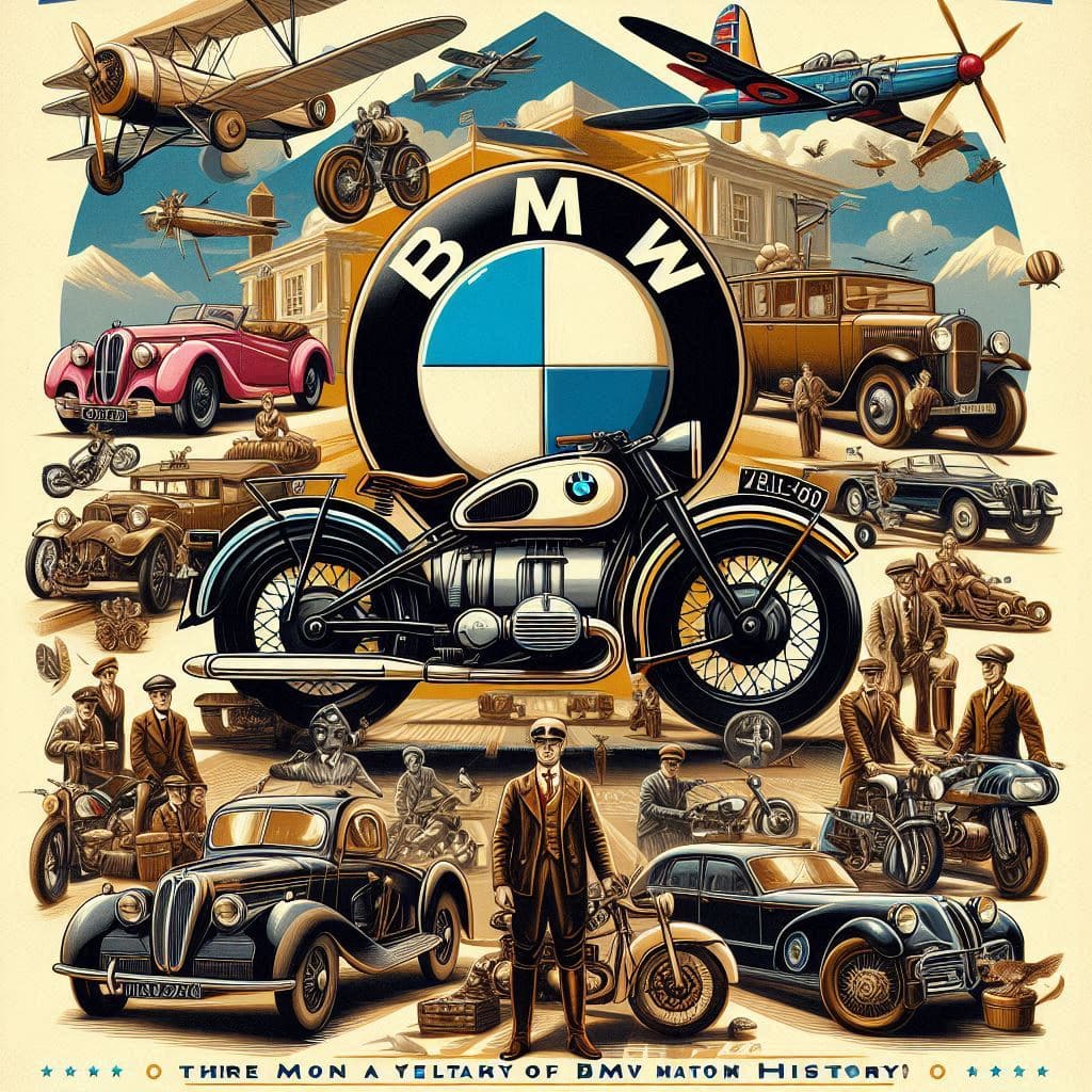 La imagen muestra una colección de vehículos y aviones históricos asociados con la marca BMW. En el centro, se destaca un gran logotipo de BMW dividido en cuatro cuadrantes, dos de los cuales son azules y los otros dos blancos. Alrededor del logotipo, hay varios coches clásicos y motocicletas que representan diferentes épocas, incluyendo un coche rojo antiguo a la izquierda y una motocicleta negra justo debajo del logo. En la parte superior de la imagen, hay tres aviones volando, cada uno con diseños distintivos. En primer plano al frente, hay un hombre vestido con un traje marrón oscuro y sombrero a juego que parece estar inspeccionando uno de los vehículos. El texto en la parte inferior dice “A Century of BMW History”, indicando que esta es una representación artística celebrando cien años de historia automovilística de BMW.