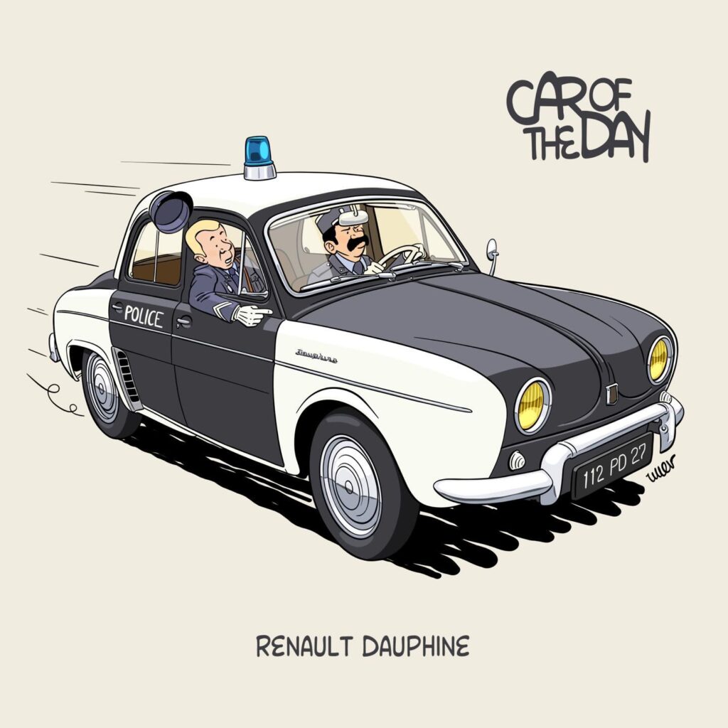Ilustración de un coche de policía vintage, específicamente un Renault Dauphine, con dos personas en los asientos delanteros. El coche es predominantemente blanco con techo negro, con la palabra “POLICE” en el lateral y una sirena azul en la parte superior. La matrícula dice “112 PD 27”.