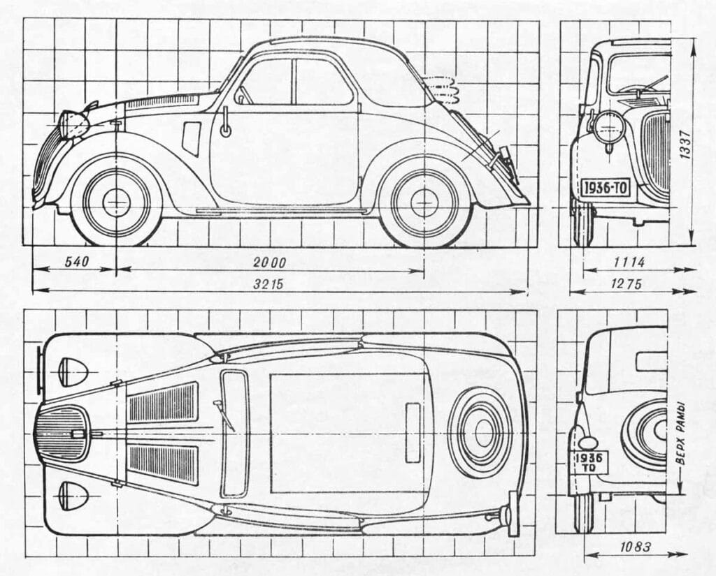 Dibujos técnicos de un Fiat 500 Topolino, modelo de los años 1936-1955, mostrando vistas lateral, frontal y superior. Cada vista incluye dimensiones en milímetros, proporcionando medidas específicas de varias partes del vehículo.
