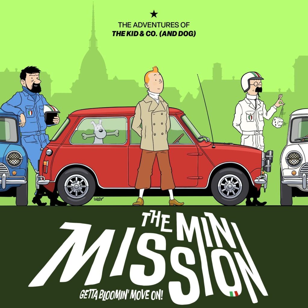 Ilustración con el título “THE ADVENTURES OF THE KID & CO. (AND DOG)” y el subtítulo “THE MINI MISSION GET A BLOOMIN’ MOVE ON!”. La imagen muestra un Mini Cooper clásico con Tintín, Milú y otros personajes de la serie de Tintín de pie frente al coche. El fondo representa una escena urbana con edificios y la silueta del Big Ben, sugiriendo un escenario en Londres.