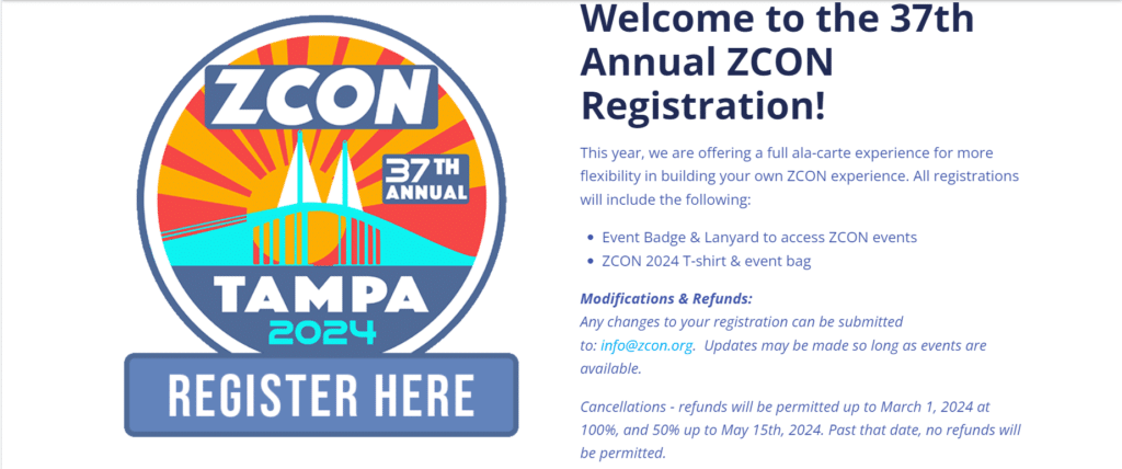 Banner gráfico para el registro del 37º ZCON anual. El texto principal dice ‘¡Bienvenidos al registro del 37º ZCON anual!’ en colores azul y amarillo. Incluye puntos destacados sobre el evento, como la flexibilidad para crear una experiencia completa de ZCON, una insignia del evento, acceso a todas las inscripciones, política de modificaciones y reembolsos, y un enlace web para actualizaciones. También hay un botón azul grande con ‘REGÍSTRATE AQUÍ’ en texto blanco. El fondo tiene elementos gráficos como líneas horizontales y círculos en tonos azules, y se menciona Tampa como la ubicación.”