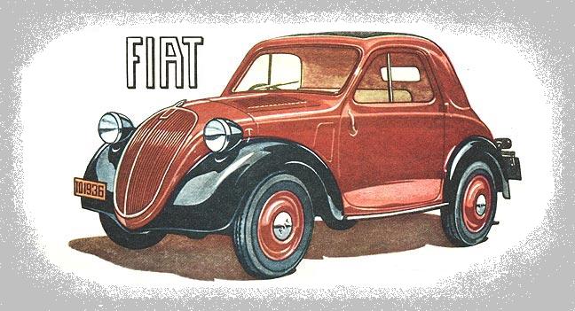 Un Fiat 500 Topolino vintage de color rojo con una parrilla frontal prominente y un diseño de carrocería redondeada. La imagen muestra el coche en vista lateral, destacando sus características clásicas. Encima del coche, la palabra ‘FIAT’ está escrita en letras grandes y audaces.
