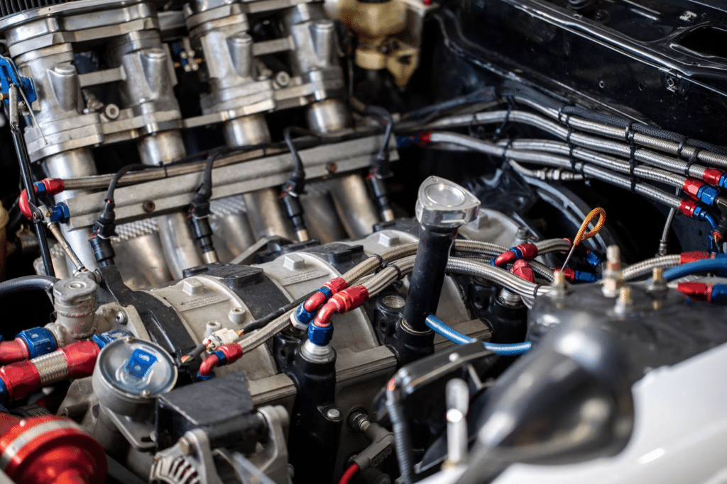 La imagen muestra una vista de cerca del compartimento del motor, destacando un motor rotativo 20B modificado de Mad Mike. Este motor es conocido por su diseño rotativo único en lugar de los motores de pistón más comunes. El motor parece estar fuertemente personalizado con piezas de posventa, lo que podría indicar que está construido para alto rendimiento o propósitos de carreras. La presencia de varios componentes como el sistema de admisión, el sistema de enfriamiento y posiblemente elementos de inducción forzada como turbocompresores lo hacen interesante para los entusiastas de los automóviles o aquellos interesados en la ingeniería mecánica y las modificaciones automotrices.