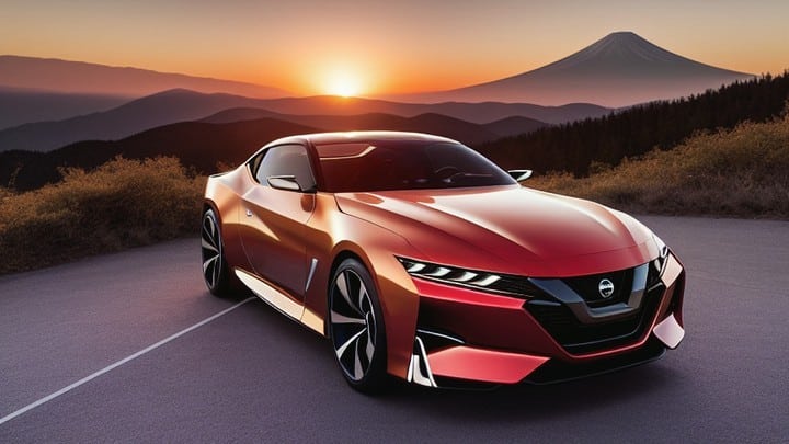 Concepto de un Nissan Silvia moderno, un coupé de dos puertas con un diseño elegante, caracterizado por ángulos afilados y una parrilla frontal distintiva. El coche está pintado en un degradado de colores rojo y negro. Está estacionado en una carretera abierta con el sol poniéndose en el fondo, creando un resplandor atmosférico que resalta las líneas del vehículo. En la distancia, se ve la silueta de una montaña, añadiendo belleza escénica a la imagen.