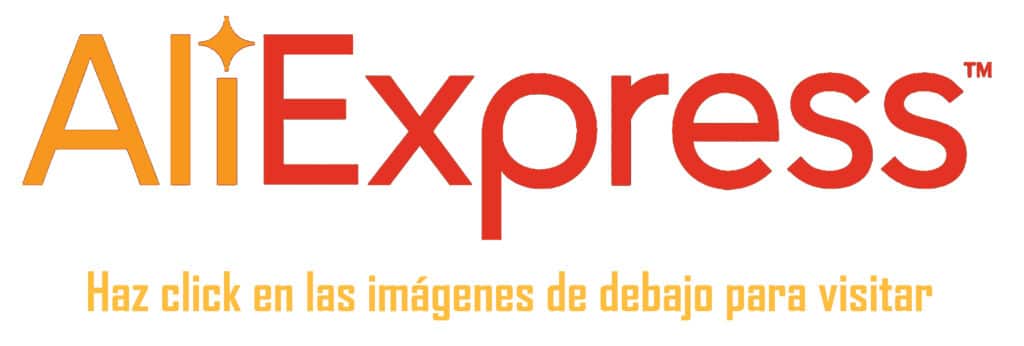 Logo de AliExpress en letras grandes y color naranja, con el eslogan ‘Haz click en las imágenes de debajo para visitar’ debajo del logo.