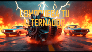 Dos automóviles clásicos en una escena dramática con cielo nublado, rayos y fuego en el suelo. En el centro, un alternador de vehículo grande con el texto ‘COMPRUEBA TU ALTERNADOR’ en mayúsculas.