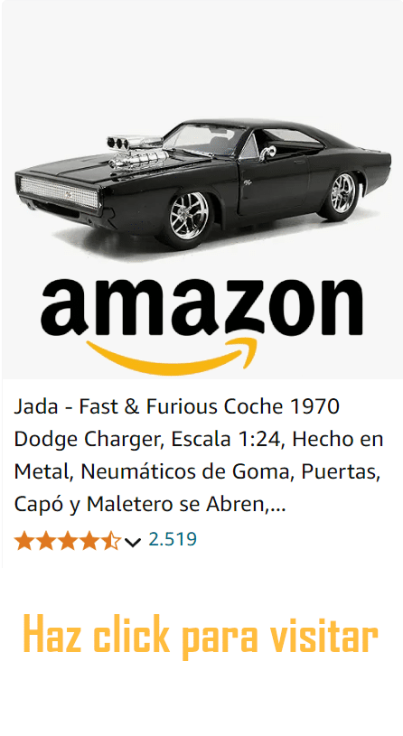 Imagen de un coche modelo Dodge Charger R/T de 1970 de la serie Fast & Furious, fabricado por Jada. El coche es negro con detalles cromados y tiene el capó abierto, mostrando el motor. Es un modelo a escala 1:24 con neumáticos de goma y puertas, capó y maletero que se abren. La imagen incluye el logotipo de Amazon y un botón que dice ‘Haz click para visitar’, indicando que es un enlace de compra en línea. El producto tiene 2,519 valoraciones.