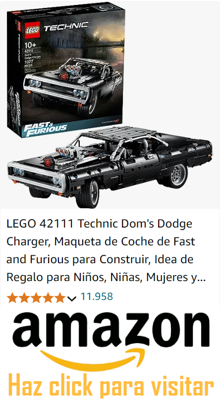Imagen de un set de LEGO Technic, modelo 42111, que es una réplica del Dodge Charger de la serie de películas Fast and Furious. La imagen muestra el coche ensamblado y la caja del producto con la marca Fast & Furious. Incluye el logotipo de Amazon y un botón que dice ‘Haz click para visitar’, indicando que es un enlace de compra en línea.