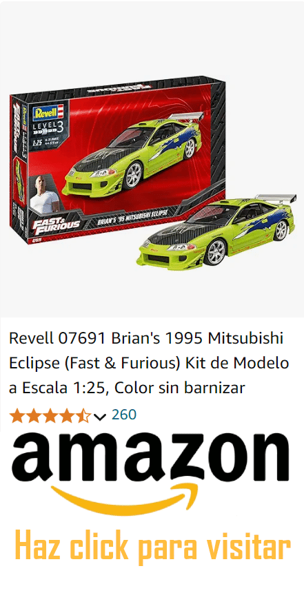 Revell: Kit de modelo a escala 1:25 del Mitsubishi Eclipse de 1995 de ‘Fast & Furious’. La caja muestra el coche ensamblado y pintado en verde brillante con detalles negros y plateados. Incluye el logo de ‘Fast & Furious’. Haz click para visitar la página de Amazon para su compra. Valoración del producto con 4.5 estrellas basada en 260 opiniones.