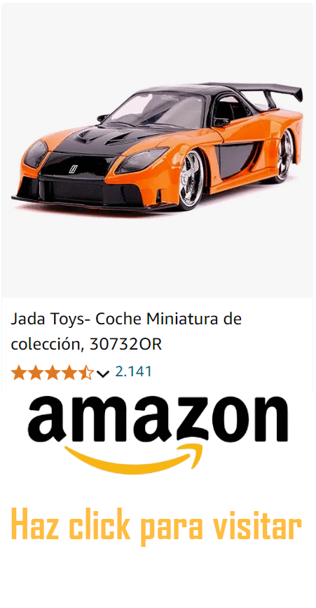 Imagen de una miniatura del Mazda RX-7 Veilside con kit Fortune en color naranja y negro. El modelo, fabricado por Jada Toys, es el 30732OR y se muestra sobre un fondo blanco. Debajo del coche, hay un logotipo de Amazon y un botón que dice ‘Haz click para visitar’, invitando a realizar la compra en línea.