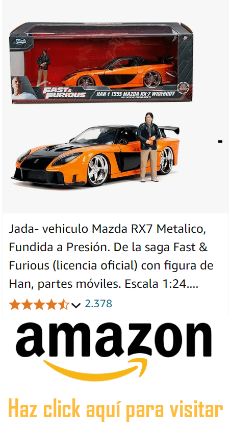 Imagen de una miniatura del Mazda RX-7 Veilside con kit Fortune en color naranja y negro, acompañada de una figura en miniatura del personaje Han. El modelo, fabricado por Jada Toys, es el 1995 Mazda RX-7 Widebody y se muestra sobre un fondo blanco. Debajo del coche, hay un logotipo de Amazon y un botón que dice ‘Haz click para visitar’, invitando a realizar la compra en línea.