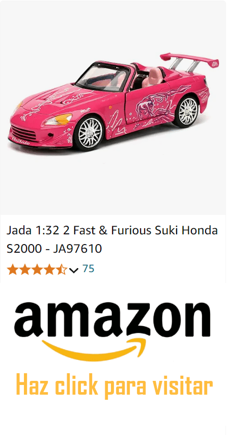 Imagen de un modelo a escala 1/32 del Honda S2000 rosa de la película "2 Fast 2 Furious", fabricado por Jada. El coche tiene detalles decorativos y está disponible para comprar en Amazon. Haz click para visitar.