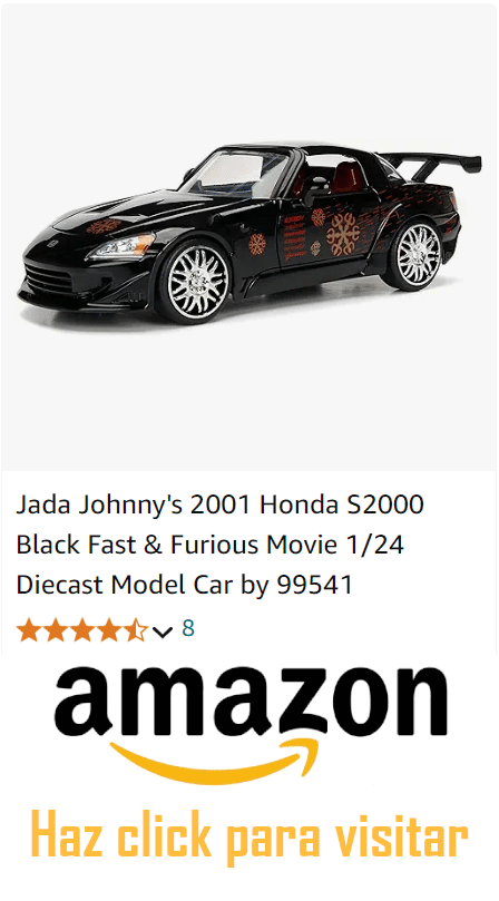 Imagen de un modelo a escala 1/24 del Honda S2000 negro de la película "Fast & Furious", fabricado por Jada Johnny's. El coche tiene detalles decorativos y está disponible para comprar en Amazon. Haz click para visitar.