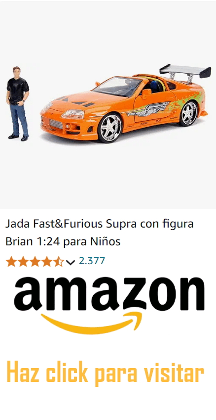 Modelo de juguete coleccionable del coche naranja con rayas blancas y un gran alerón trasero, identificado como el Jada Fast&Furious Supra con una figura de Brian O’Conner, de la franquicia de películas ‘Fast & Furious’. La escala del modelo es 1:24. Debajo del modelo de juguete, hay un logotipo prominente de Amazon seguido de texto en español que dice ‘Haz click para visitar’. Esta imagen sirve como un anuncio que enlaza a Amazon para una posible compra.