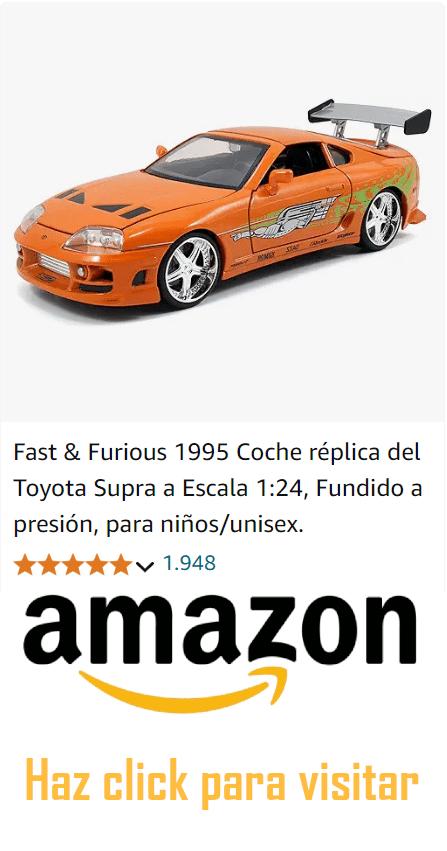 Modelo de juguete del Toyota Supra 1995 de Fast & Furious a escala 1:24, diseñado para niños. La imagen también incluye un logotipo de Amazon y el texto ‘Haz click para visitar’, sugiriendo que es un anuncio para comprar el coche de juguete en Amazon.