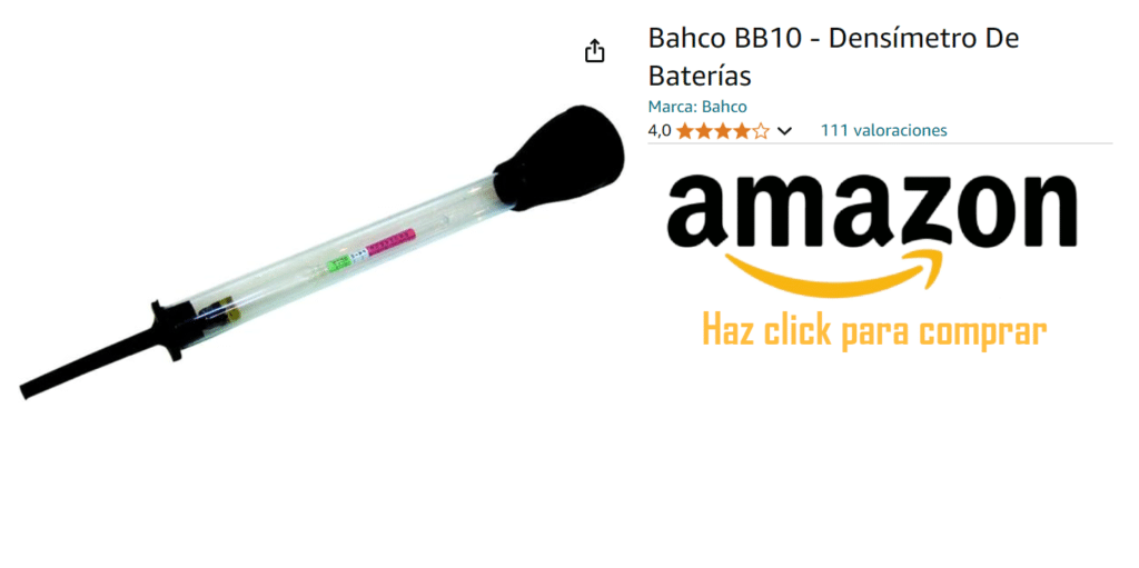La imagen muestra un anuncio digital de un densímetro de baterías Bahco BB10, que es un hidrómetro utilizado para medir la gravedad específica del ácido de la batería. El anuncio incluye la imagen del producto a la izquierda, mostrando un tubo de vidrio con marcas de medición y una pera de goma en un extremo. A la derecha, está el logo de Amazon con el texto “Haz click para comprar”. Debajo del logo de Amazon, hay valoraciones de estrellas indicando que ha recibido 4 de 5 estrellas basado en 111 valoraciones.