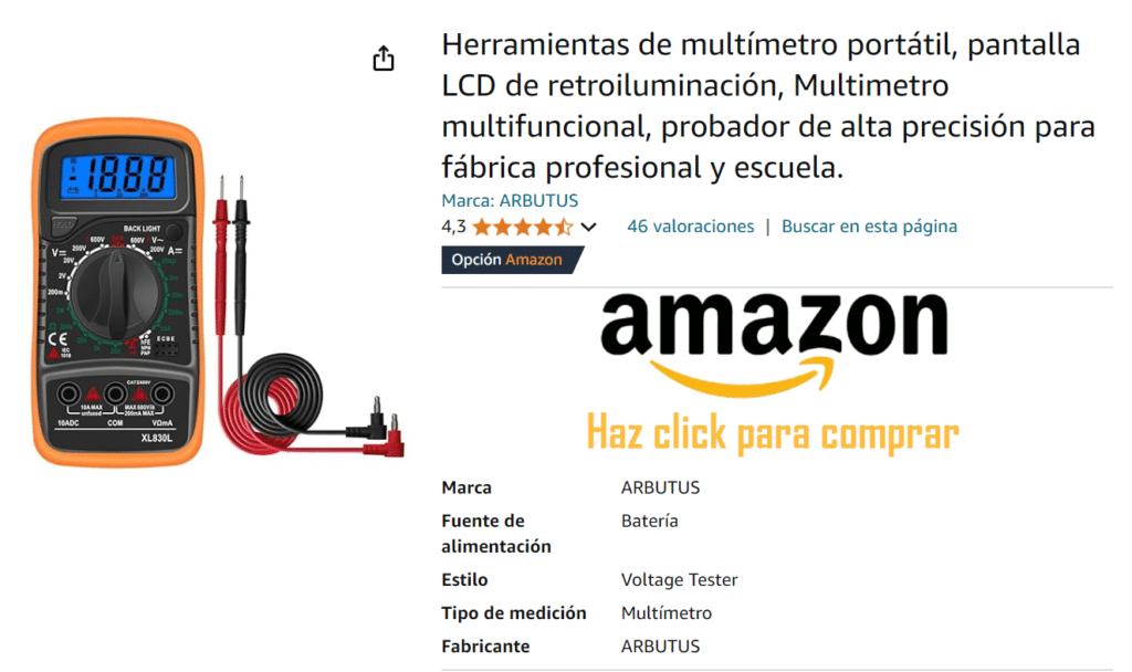 La imagen muestra un multímetro digital con pantalla, varios botones y sondas de medición. El multímetro es de color naranja y negro y tiene un soporte en la parte trasera. Es una descripción del producto en Amazon para la marca ARBRUTUS, destacando sus características como retroiluminación, portabilidad, multifuncionalidad y precisión profesional para diversos usos, incluyendo fábricas y escuelas. También se ven valoraciones de estrellas debajo del nombre del producto, indicando reseñas de clientes y un enlace que lleva a Amazon para comprarlo.