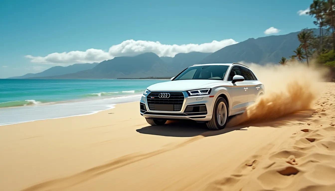 Un SUV Audi plateado conduciendo sobre una playa de arena con un cielo azul claro y montañas en la distancia. El vehículo deja una estela de arena a su paso, indicando movimiento.