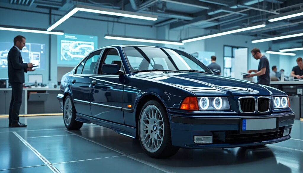 Un coche sedán negro, aparentemente un BMW, estacionado dentro de un taller automotriz moderno o estudio de diseño. El entorno incluye pantallas y equipos de alta tecnología en el fondo, con una persona interactuando con una interfaz de pantalla.