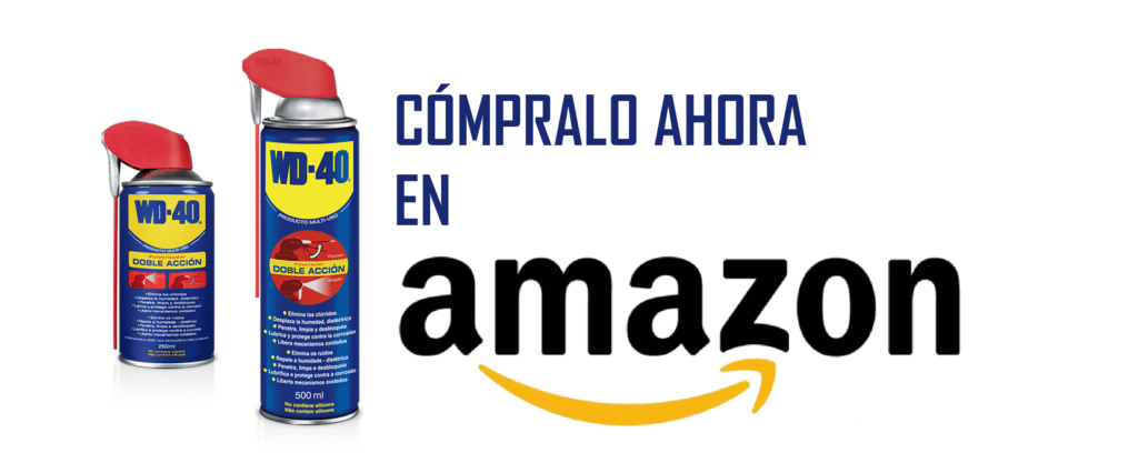 Imagen de dos botes de WD-40 Multiusos a la izquierda. En el centro, texto en español que dice “Cómpralo ahora en” seguido del logo de Amazon con su característica flecha sonriente. La imagen parece ser un anuncio para comprar WD-40 Multiusos en Amazon. WD-40 Multiusos ¿Para qué sirve?
