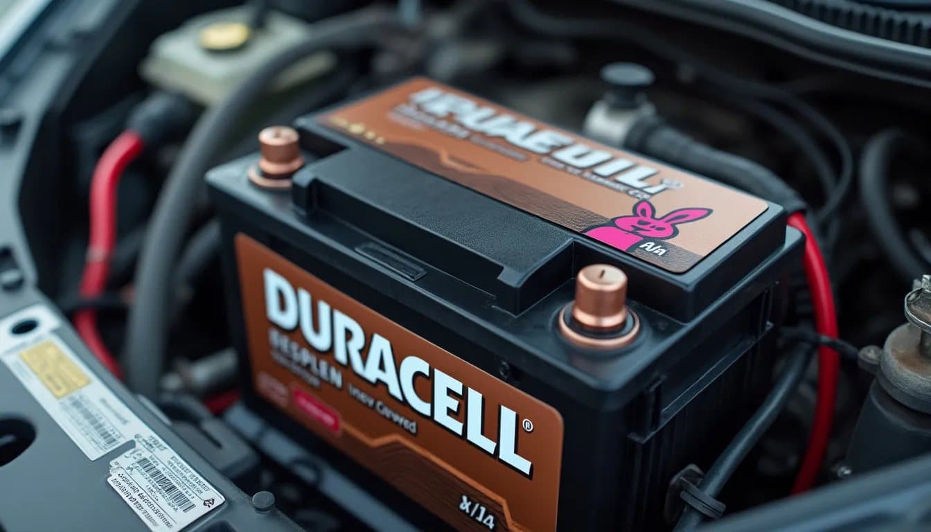 Primer plano de una batería automotriz Duracell instalada en el compartimento del motor de un vehículo, con terminales de color cobre y detalles de la marca y modelo claramente visibles.