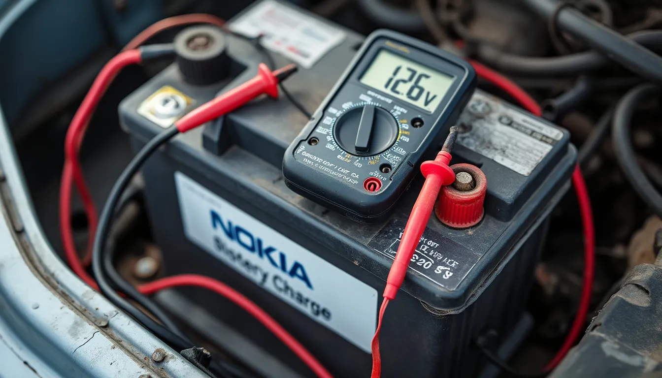 Multímetro digital colocado sobre una batería de coche, mostrando una lectura de 12.6V. La batería está etiquetada como ‘NOKIA’ y tiene terminales rojos y negros, con las sondas del multímetro conectadas a ellos.