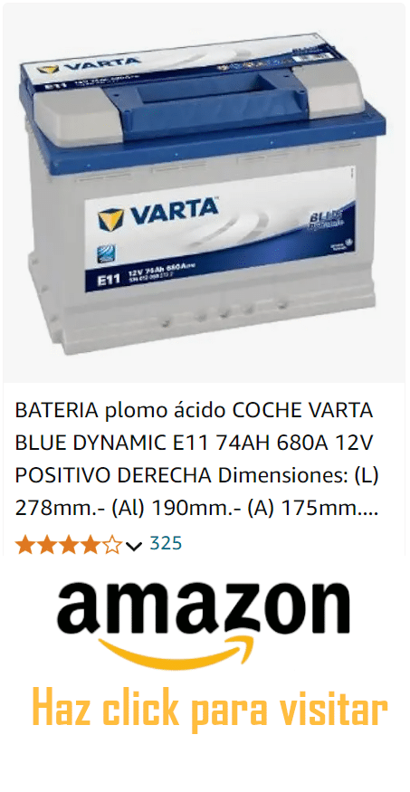 Imagen de una batería de coche marca Varta, modelo Blue Dynamic E11, con borne positivo a la derecha. Las medidas son Largo 278 mm, Ancho 175 mm y Alto 190 mm. La batería tiene una capacidad de 74Ah y 680A, y es de 12V. La imagen muestra la batería con detalles en azul y negro. En la parte inferior hay un botón naranja con el texto ‘Haz click para visitar’ que lleva a Amazon.