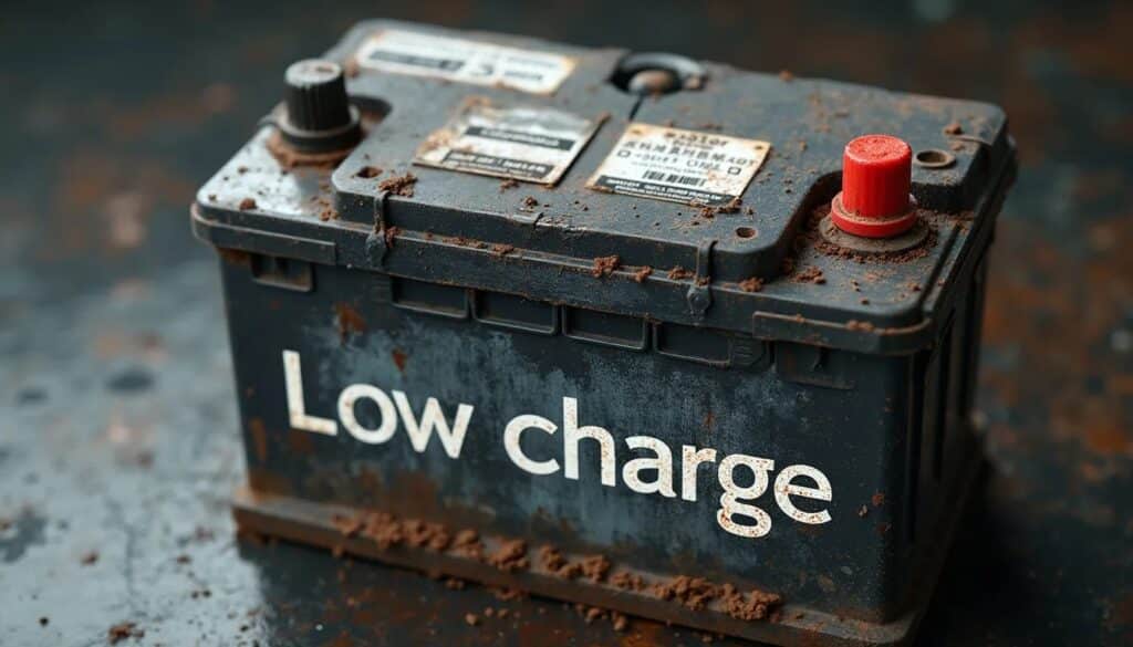La imagen muestra una batería de coche con signos visibles de corrosión, especialmente alrededor de los terminales. La batería tiene una etiqueta con varias informaciones, incluyendo símbolos de peligro y un código de barras. En el lateral de la batería, hay un texto grande que dice “Low charge”, indicando que la batería está descargada o tiene poca energía. Esta imagen es relevante ya que representa un problema común con las baterías de coche, que es la pérdida de carga y la necesidad de mantenimiento o reemplazo debido a la corrosión.
